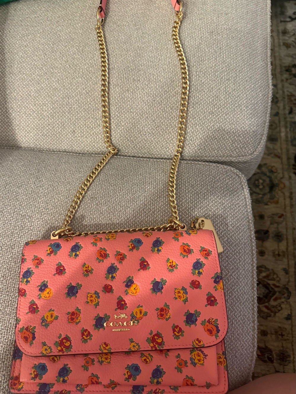 COACH Pink Floral Leather Crossbody with Gold Chain